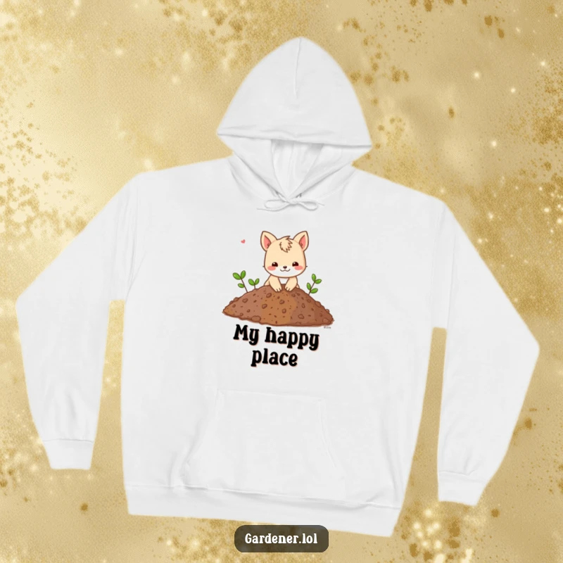 Funny hoodie featuring an animal character playfully digging in a giant pile of soil, offering cozy comfort and industrious cheer.