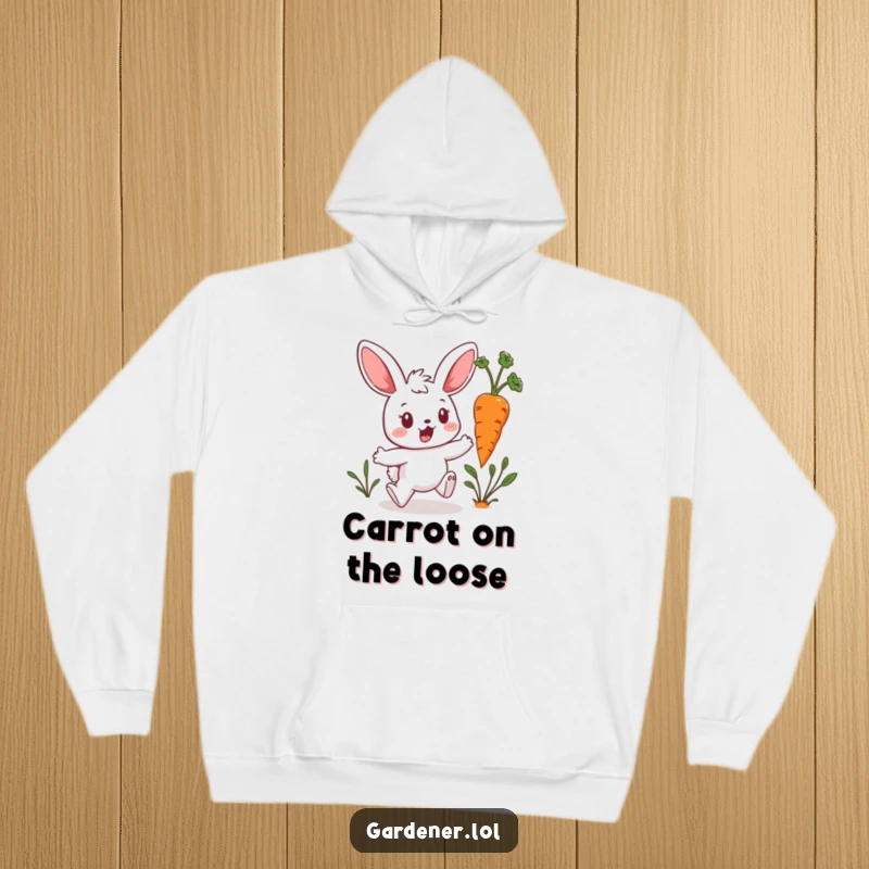 Funny Kawaii Bunny Hoodie: Surprised bunny gardener hops from a rogue hopping carrot, offering cozy comfort and a touch of hilarious garden drama, a perfect funny gift.