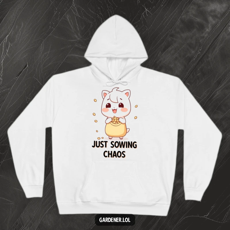Funny hoodie featuring a smiling character with a tiny pouch, playfully scattering seeds, bringing a touch of garden humor.