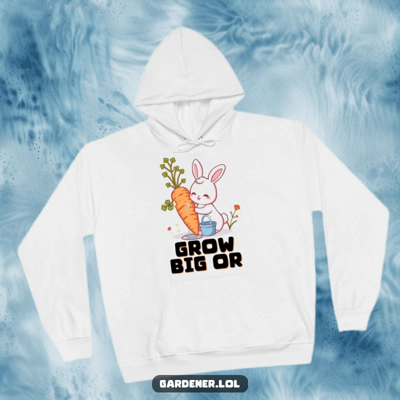 Funny cute bunny watering a giant carrot, a humorous gardening theme on a cozy hoodie.