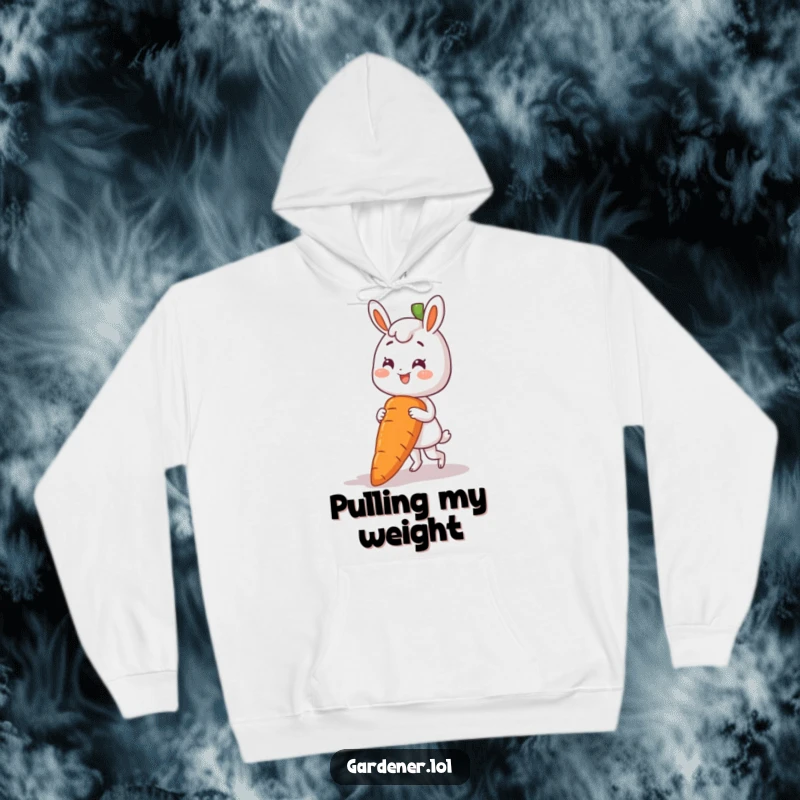 Funny hoodie depicting a happy character harvesting a comically large carrot from the ground, garden success.