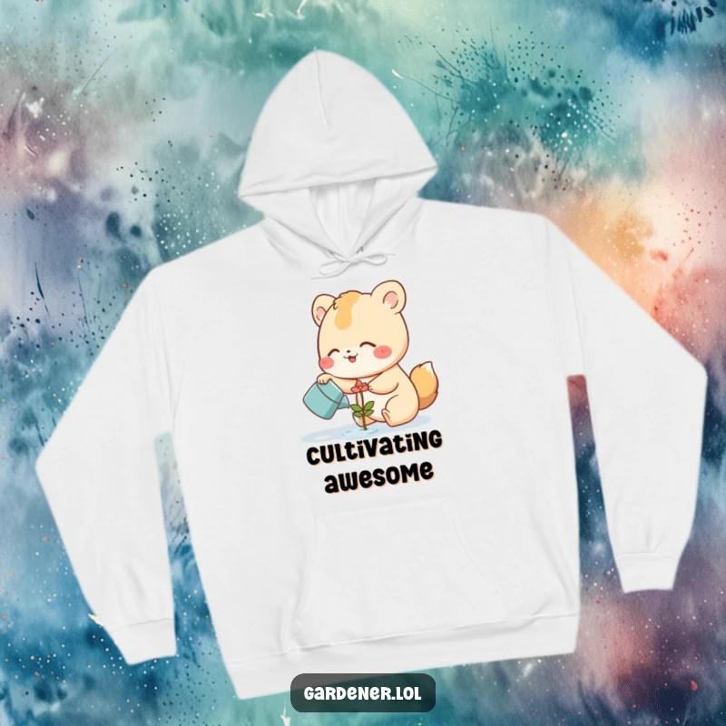 Funny Hoodie featuring a cute animal character joyfully watering a tiny, smiling flower sprout, offering comfort and a humorous nod to nurturing life.