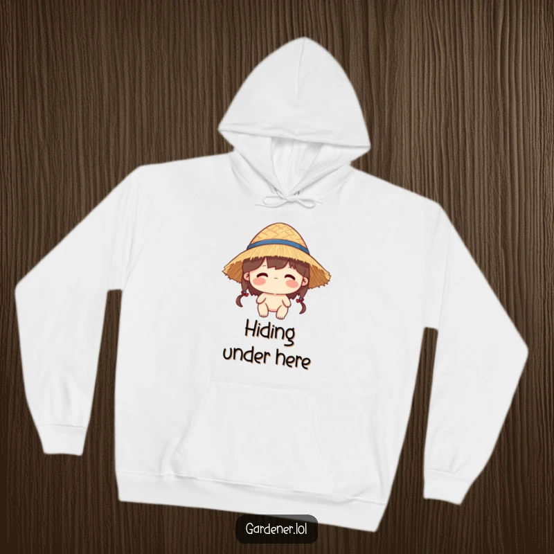 Funny hoodie featuring a character wearing a straw hat that is slightly too big, perfect for casual wear.