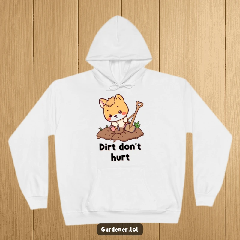 Funny playful animal digging in soil with a tiny shovel, warm gardening hoodie, cute and cozy apparel.