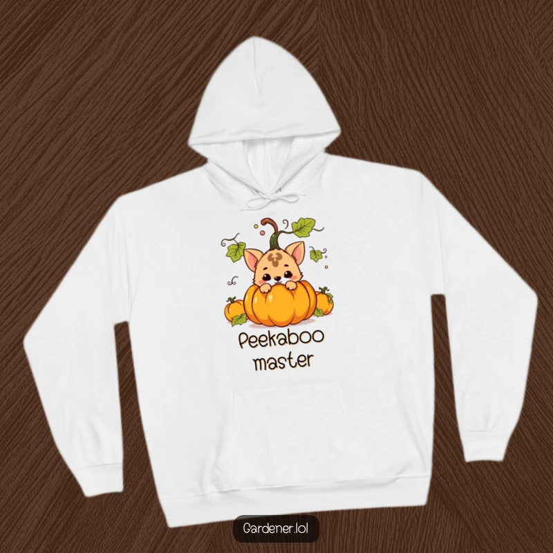 Funny hoodie illustration of a mischievous animal character hiding behind a large pumpkin, perfect for fall and Halloween lovers.