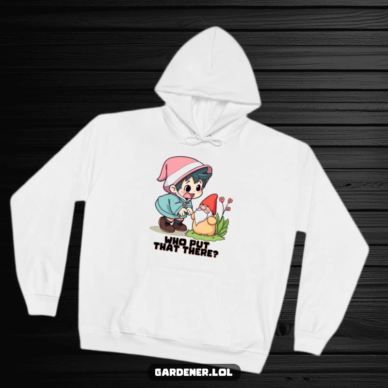 Funny hoodie showing a character comically tripping over a garden gnome, with a startled expression. Great funny gift apparel.