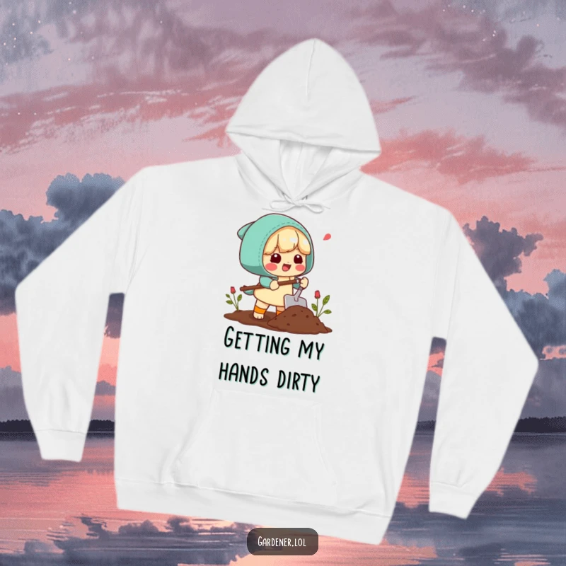 Funny Hoodie: A character lets out a happy sigh while scooping soil with a trowel, embodying contented gardening.
