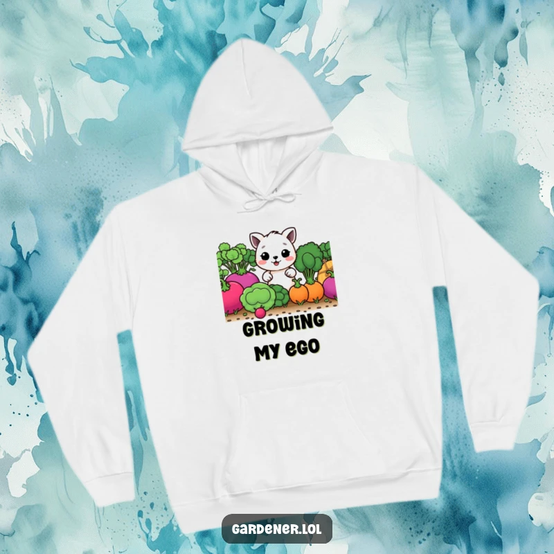Funny hoodie depicting a joyful animal nurturing enormous vegetables, perfect for gardening fans and humor enthusiasts.