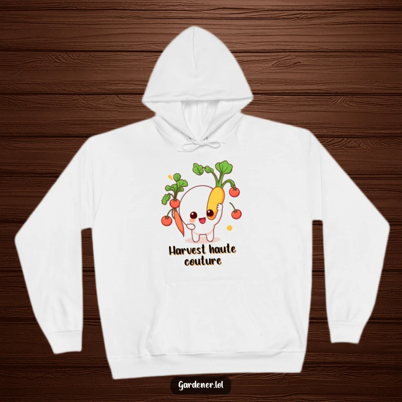 Funny Hoodie: A beaming character proudly presents a freshly picked, vibrant vegetable, embodying the joy of a successful harvest.