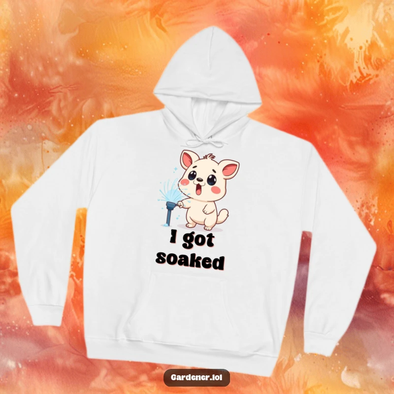Funny hoodie illustration of a surprised animal character playfully sprayed by a lawn sprinkler, perfect for animal lovers.