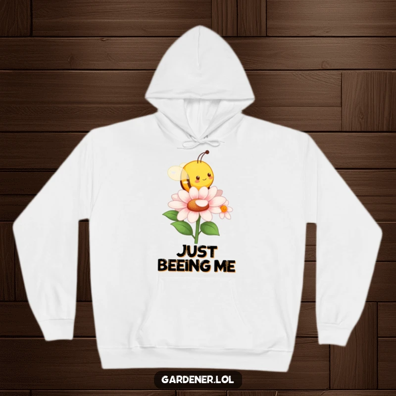 Funny hoodie with a character imitating a busy bee, buzzing around a flower. Comfortable and humorous funny gift.
