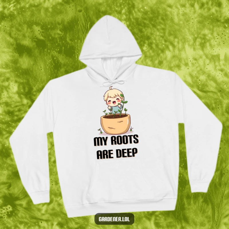 Funny hoodie depicting a happy character planting tiny seeds into a huge pot, celebrating gardening.