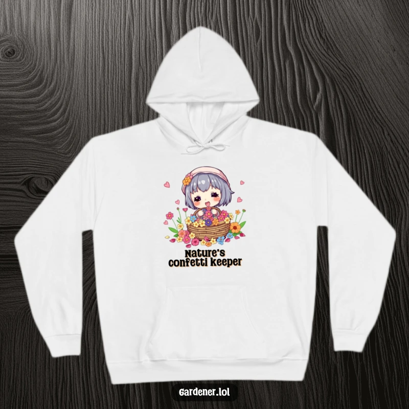 Funny hoodie featuring a character excitedly collecting colorful flower petals in a basket, perfect for cozy days.