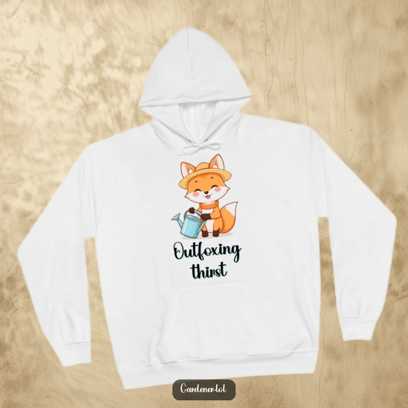 Funny smiling fox wearing a straw hat and holding a watering can, depicted on a hoodie.
