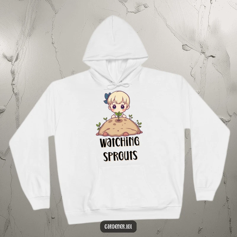 Funny hoodie depicting a character admiring a tiny sprout emerging from the earth, offering warmth and hopeful vibes.