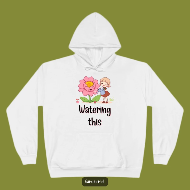 Funny Cozy Hoodie: Happy Gardener Character Watering Big Flower, Warm Gift