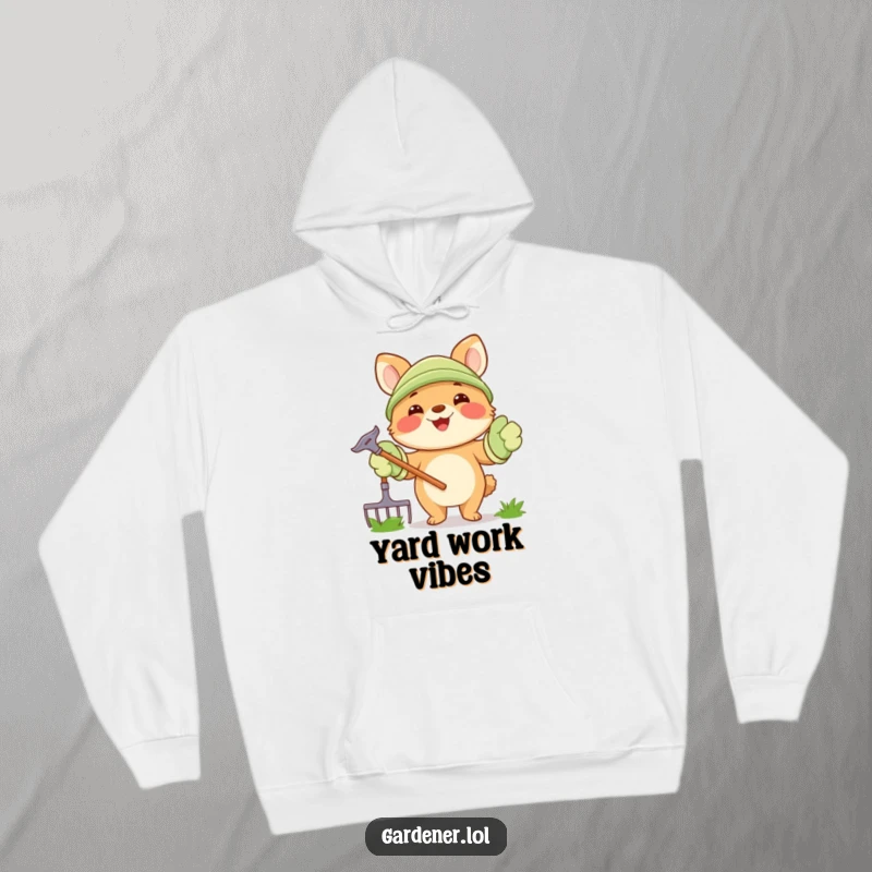 Funny Hoodie: A happy animal character dons oversized gardening gloves and cheerfully holds a rake, embodying garden spirit.