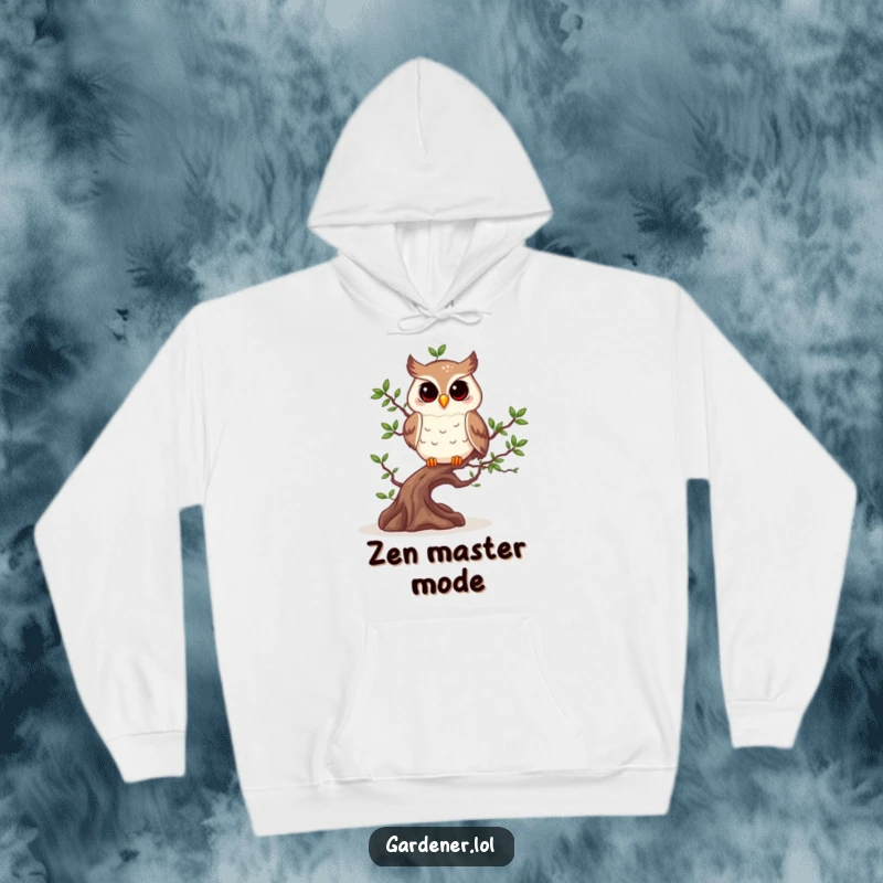 Funny owl with pruning shears tending to a bonsai tree, featured on a cozy hoodie.