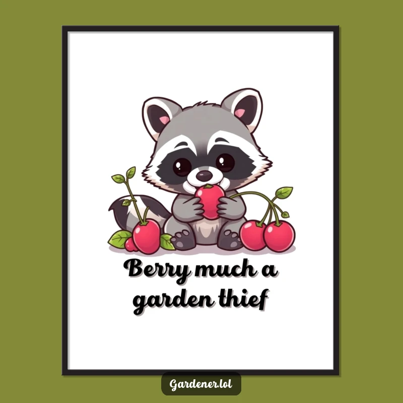 Funny Free Printable Wall Art: Mischievous Raccoon Gardener Berry Thief, Downloadable Art