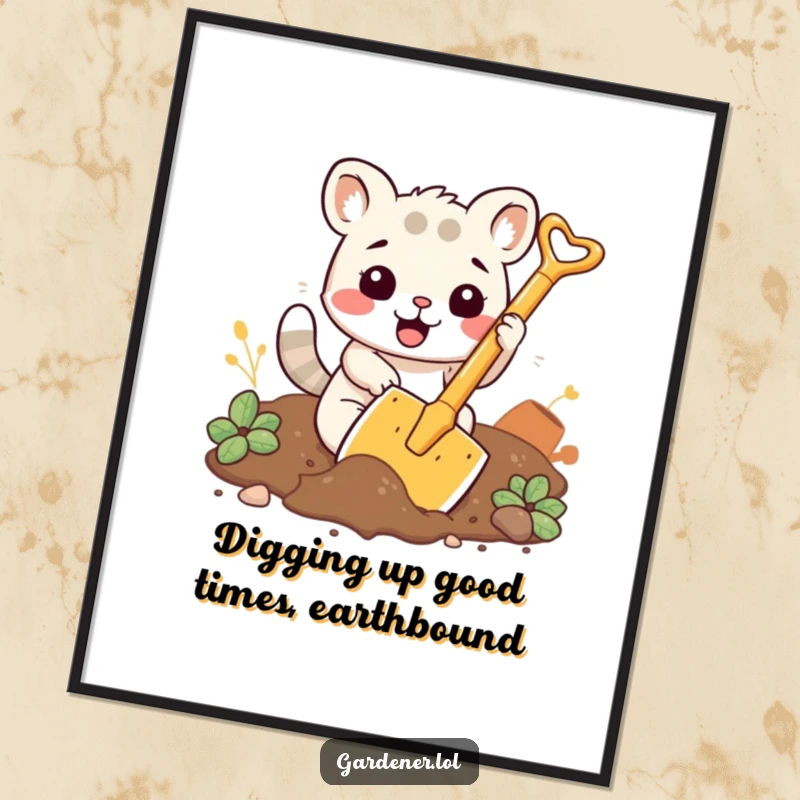 Funny Free Printable Wall Art: Kawaii animal enthusiastically digging soil with a comically large shovel, adding humor.