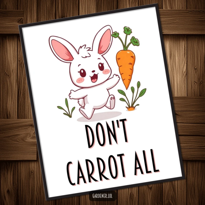 Funny Free Printable Wall Art: A surprised Kawaii bunny gardener is hopping away from a rogue, hopping carrot.