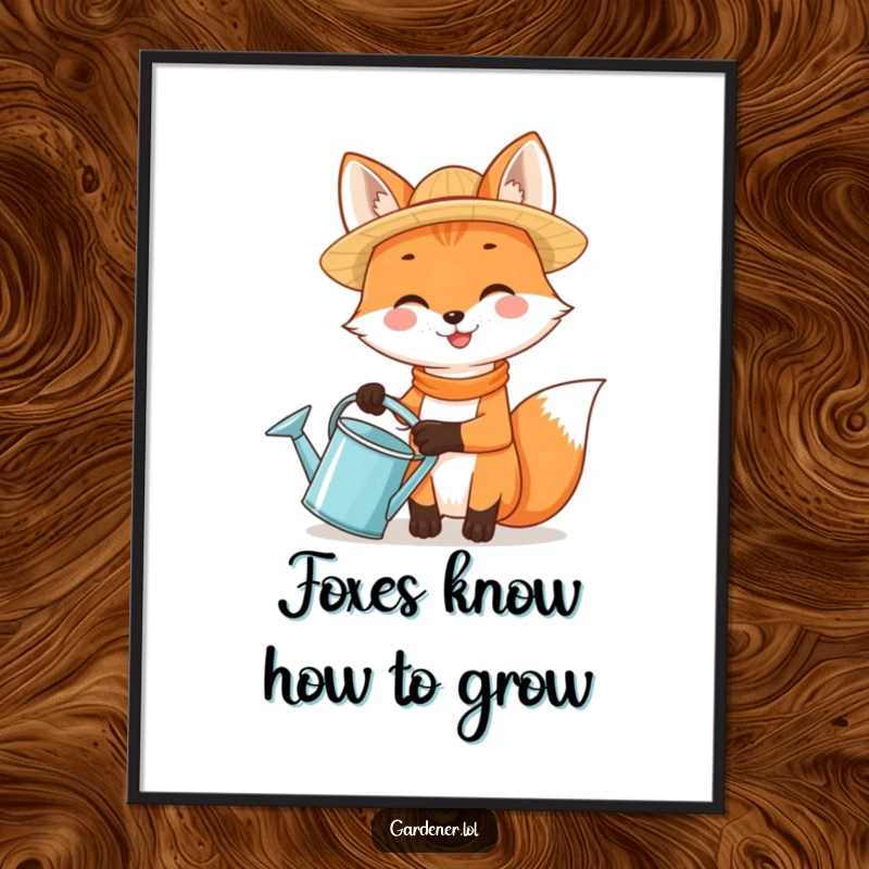 Funny Free Printable Wall Art: A smiling fox wearing a straw hat holds a watering can, bringing garden whimsy to your room.