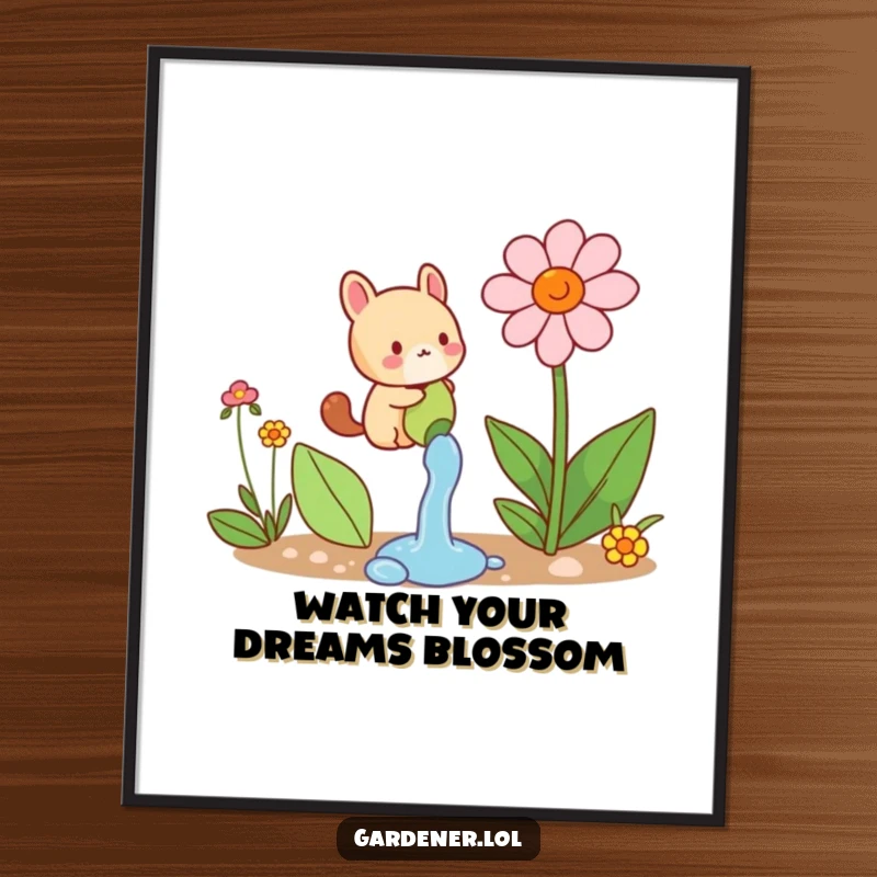 Funny Free Printable Animal Wall Art: Small character joyfully watering an oversized flower, symbolizing growth and happiness.