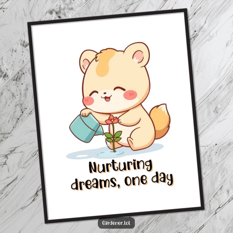 Funny free printable wall art of a cute animal joyfully watering a tiny smiling flower sprout, spreading cheer.