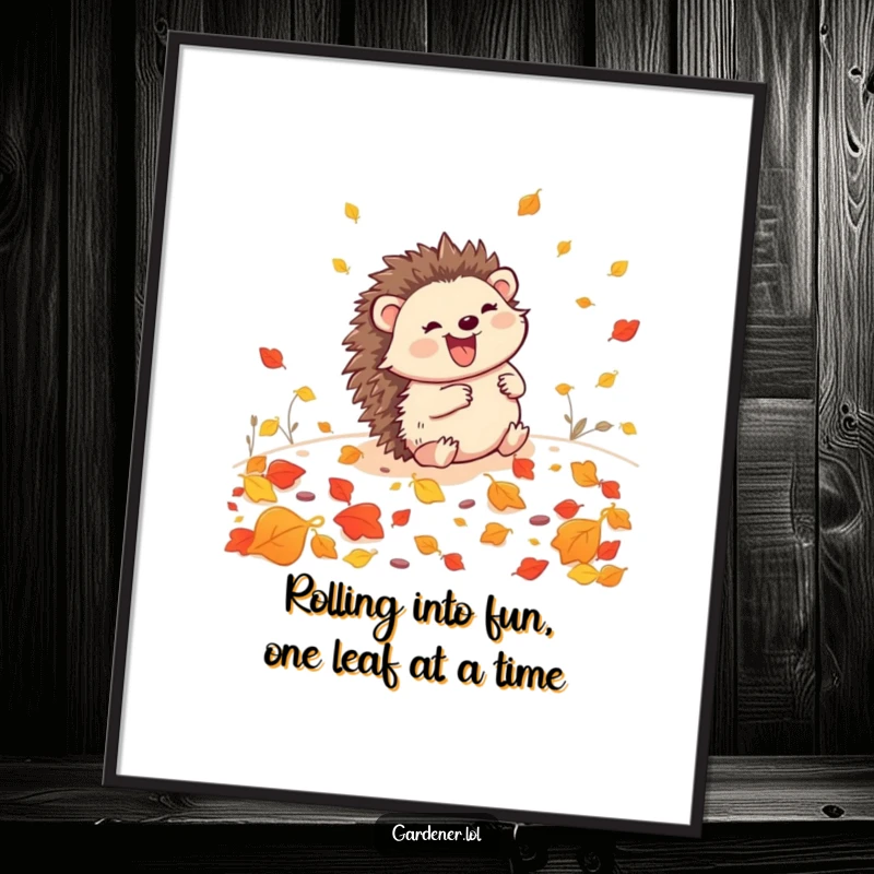 Funny Free Printable Hedgehog Gardener Wall Art, gleefully rolling downhill with leaves, capturing pure autumnal delight.