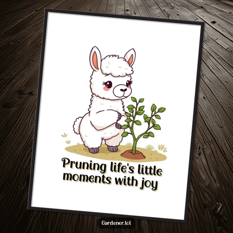 Funny Free Printable Llama Gardener Wall Art, thoughtfully tending a bonsai tree, adding a touch of zen humor.
