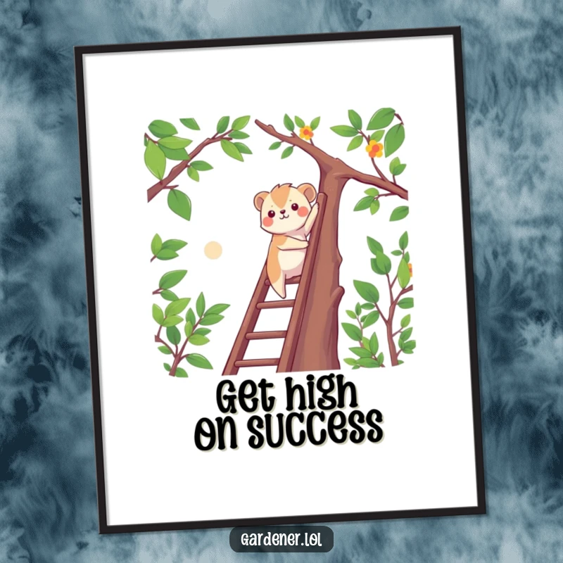Funny Free Printable Wall Art: A determined animal character climbs a ladder to reach high branches, symbolizing ambition and goals.