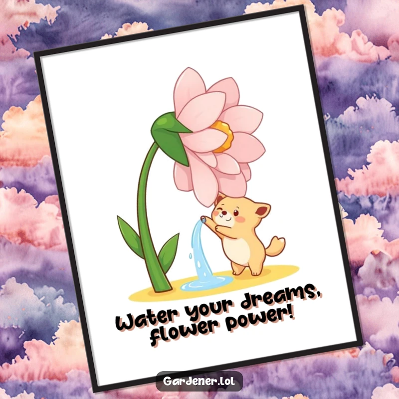 Funny Free Printable Wall Art: Cute animal joyfully watering a giant dancing flower, adding whimsical charm.