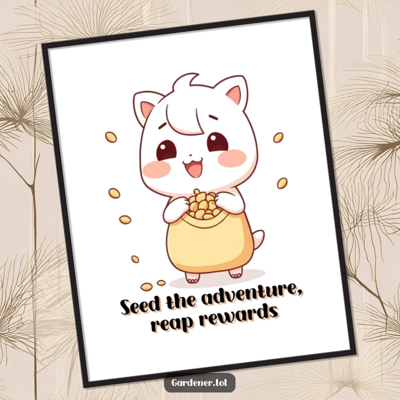 Funny Free Printable Wall Art: A grinning character playfully scatters seeds from a tiny pouch, depicted with whimsical charm.