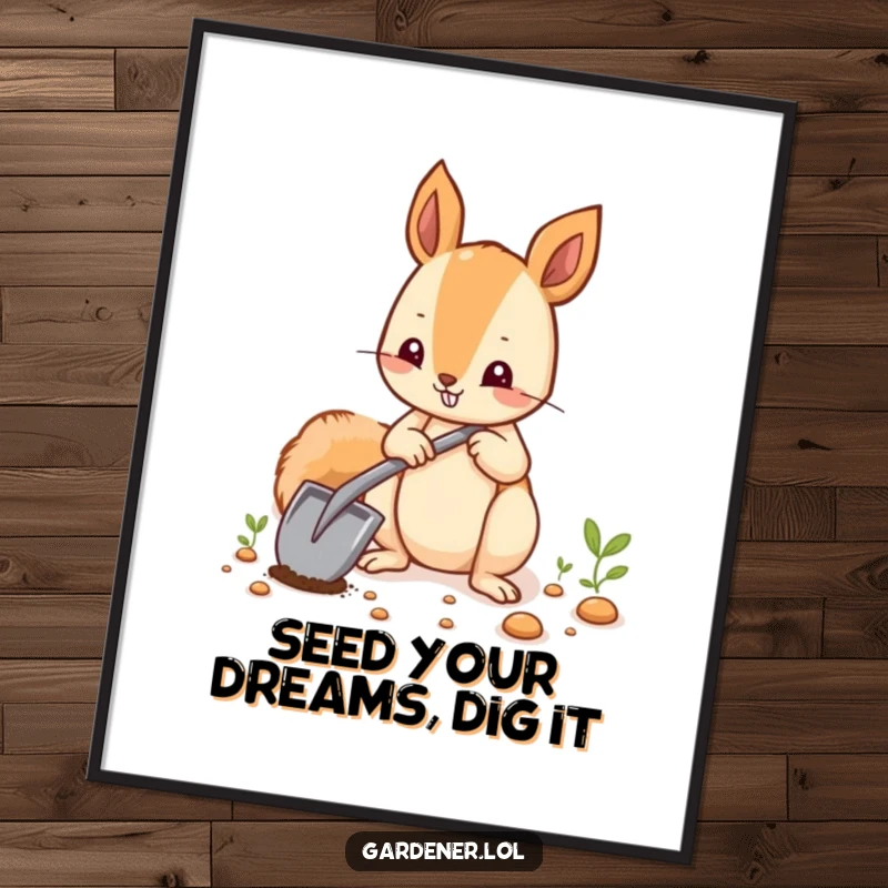 Funny Free Printable Wall Art: A happy squirrel with a tiny shovel plants seeds, bringing whimsical charm to your walls.