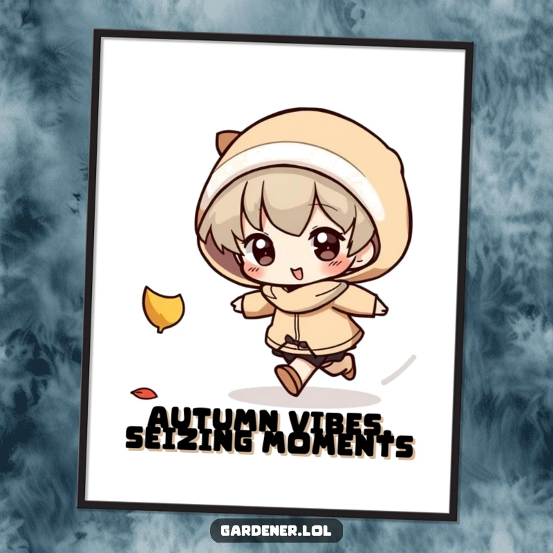 Funny Free Printable Wall Art: Character determinedly chasing a falling autumn leaf. Whimsical downloadable art for any room.