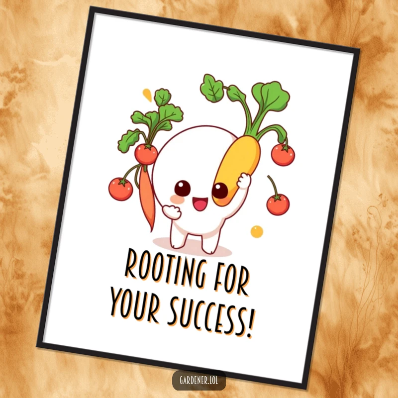 Funny Free Printable Wall Art: A character joyfully presents a giant, freshly picked vegetable. Quirky downloadable art for kitchens.