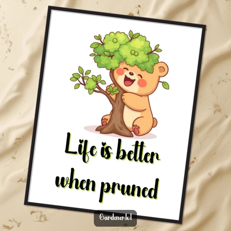 Funny Free Printable Wall Art: A joyful bear meticulously prunes a miniature tree, creating a scene of peaceful dedication.
