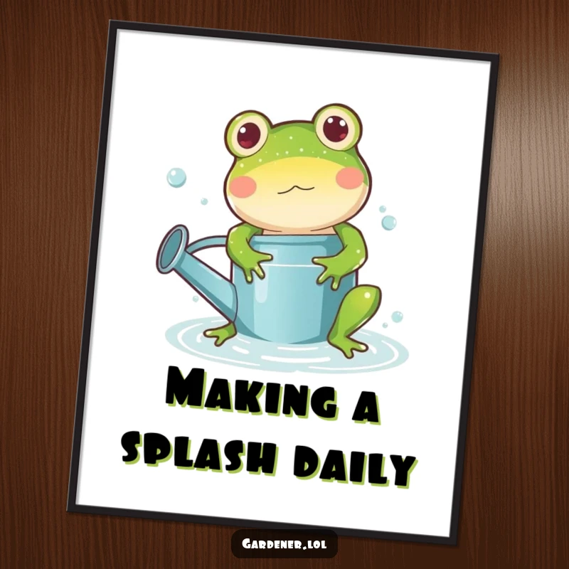 Funny Free Printable Wall Art: Playful frog splashing happily in a watering can, a downloadable art.
