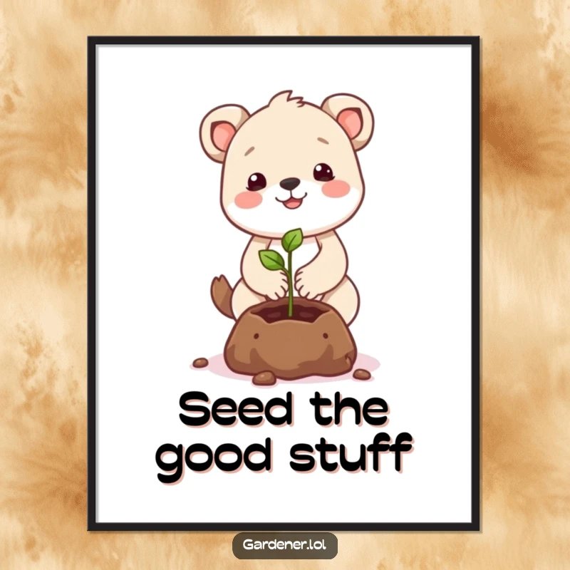 Funny Free Printable Wall Art: A cute animal character gently planting a smiling seed with tender care, symbolizing growth.