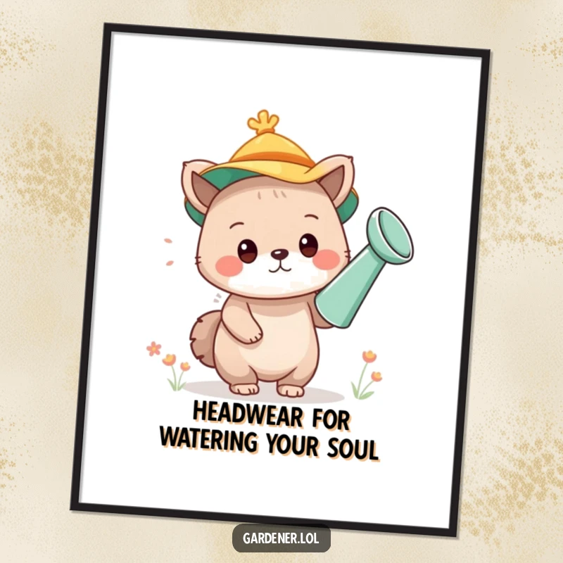 Funny Free Printable Wall Art: A cute animal character humorously wears a watering can as a hat, perfect for quirky DIY decor.