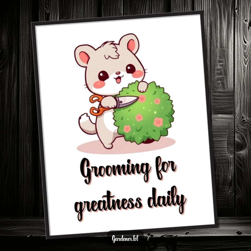 Funny Free Printable Wall Art: Adorable animal character happily pruning a bush with tiny shears, radiating gardening joy and quirky charm.