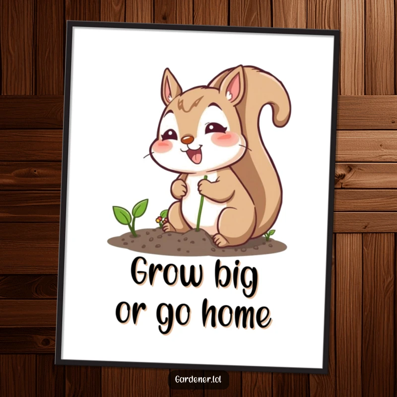Funny Free Printable Wall Art: An excited squirrel cheerfully planting seeds, adding a touch of garden humor to your decor.