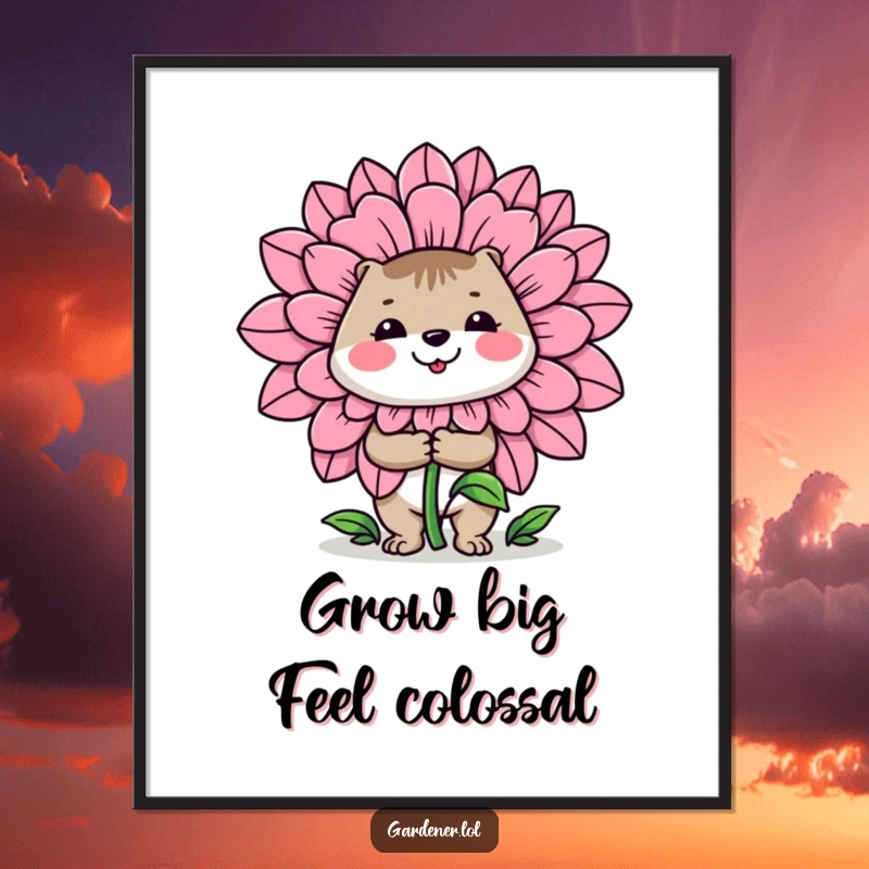 Funny Free Printable Wall Art: A cheerful animal gardener proudly presents a ridiculously large, vibrant flower, creating a statement piece.