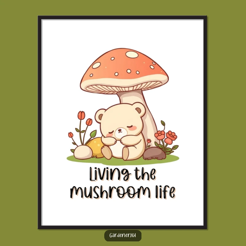 Funny Free Printable Wall Art: Sleepy Bear Gardener Mushroom Nap, Downloadable Art