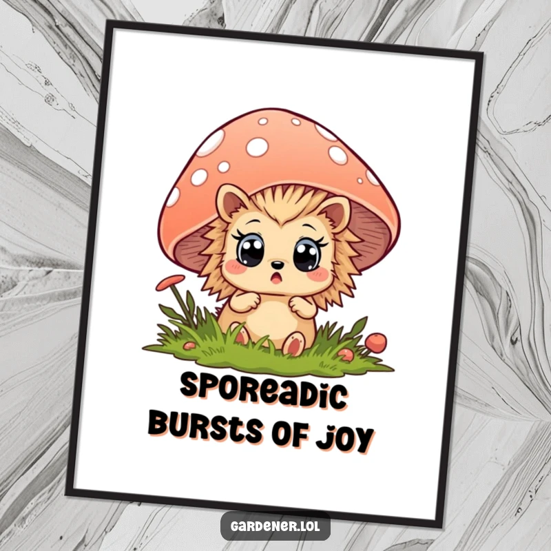 Funny Free Printable Wall Art: Cute hedgehog peeking from behind a mushroom, adding humor to decor.