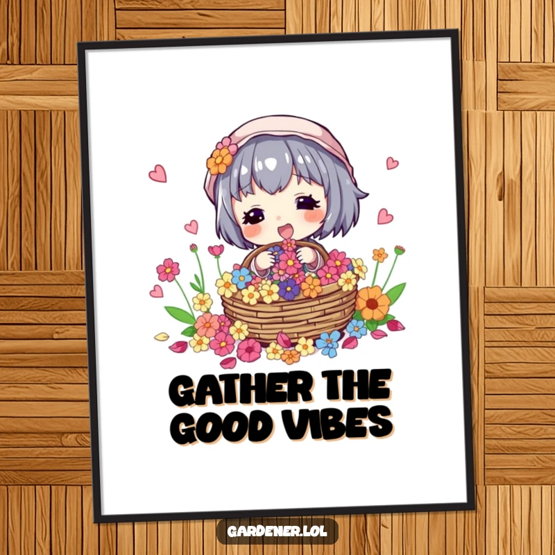 Funny Free Printable Wall Art: Character excitedly collects colorful flower petals in a basket with a happy expression.