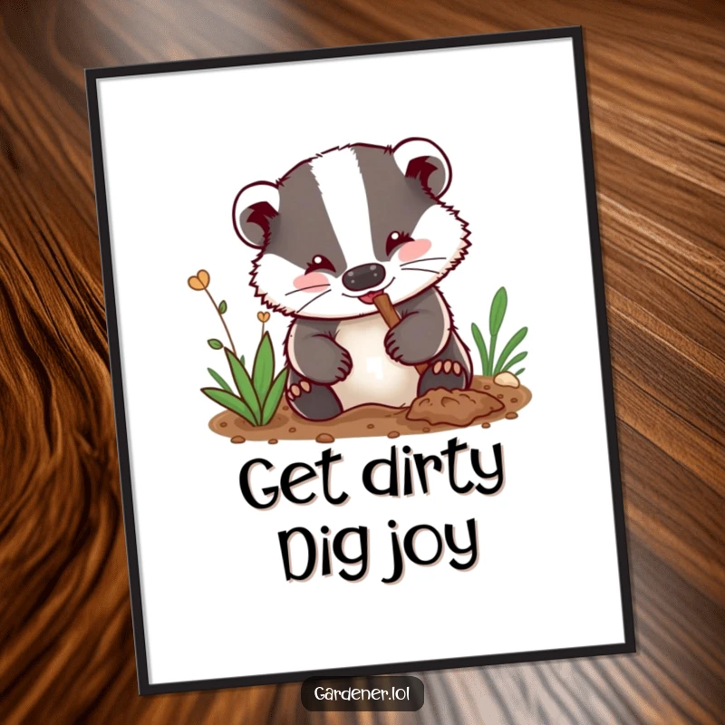Funny Free Printable Wall Art: A delighted badger gardener enthusiastically digs, with charming dirt smudges on its nose, creating rustic decor.