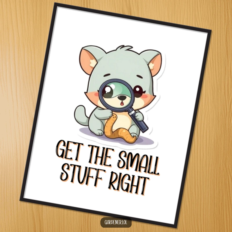 Funny Free Printable Wall Art: A curious animal character examines a worm under a magnifying glass, perfect for quirky, educational DIY decor.