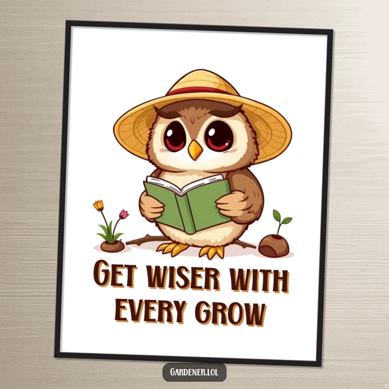 Funny Free Printable Wall Art: Curious Kawaii owl gardener wearing a straw hat, reading a gardening book with humor.