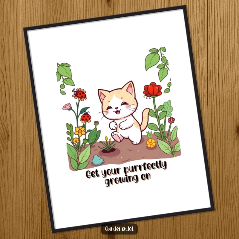 Funny Free Printable Wall Art: A playful Kawaii cat gardener character humorously chasing a ladybug among lush plants.